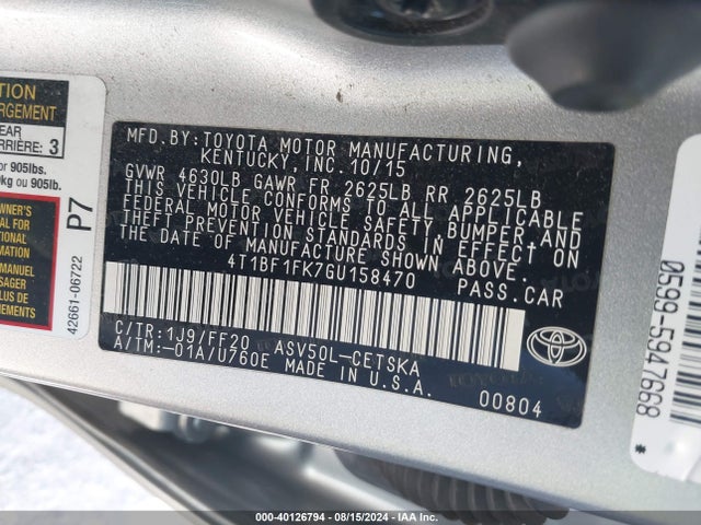 Toyota CAMRY SE 2016 4T1BF1FK7GU158470 Image 9