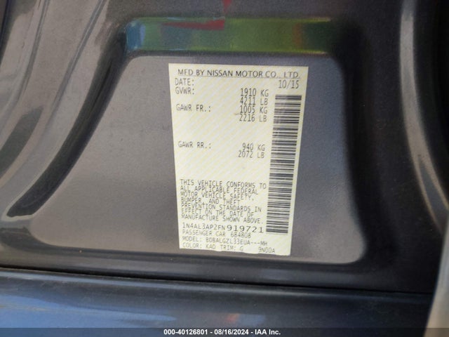 Nissan Altima 2.5 S 2015 1N4AL3AP2FN919721 Image 9