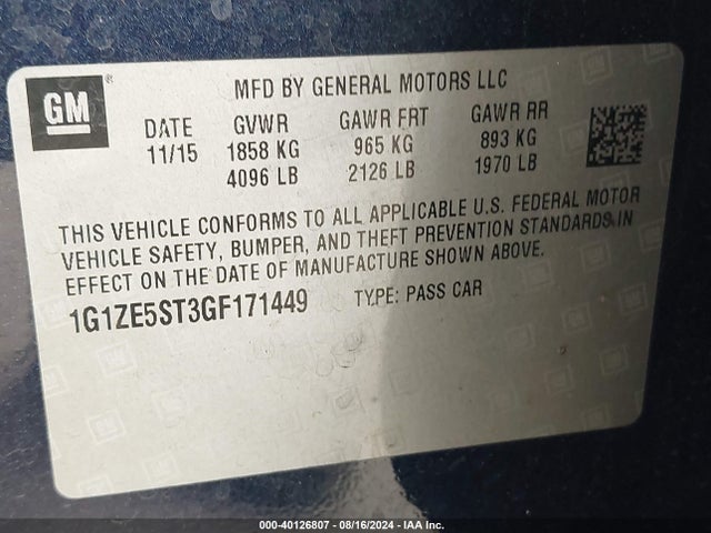 Chevrolet MALIBU 1LT 2016 1G1ZE5ST3GF171449 Image 9