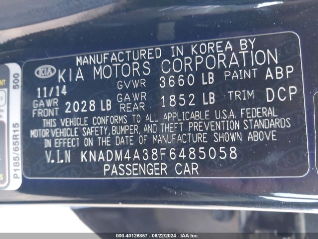 KNADM4A38F6485058 KIA RIO LX