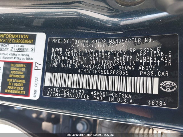 Toyota CAMRY SE 2016 4T1BF1FK5GU263959 Image 9