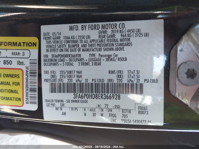 Ford FUSION SE 2014 3FA6P0HD8ER366928 Image 9