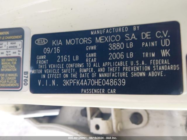 3KPFK4A70HE048639 KIA FORTE LX