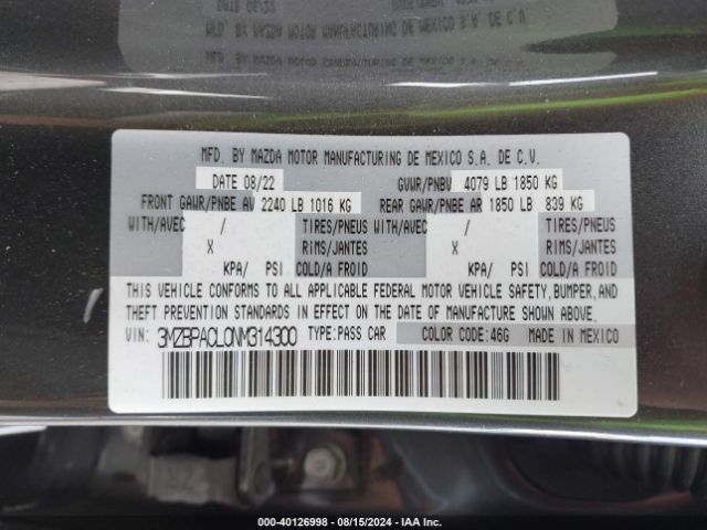 3MZBPACL0NM314300 Mazda Mazda3 Preferred
