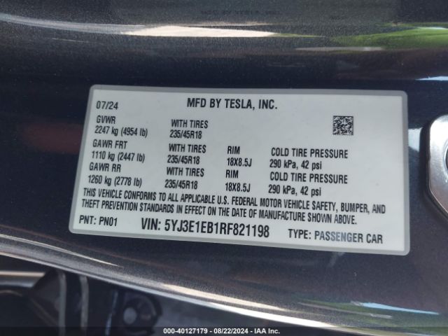 5YJ3E1EB1RF821198 Tesla Model 3 Long Range Dual Motor All-wheel Drive