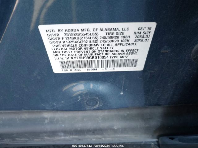 5FNYF5H99GB010054 Honda Pilot Touring
