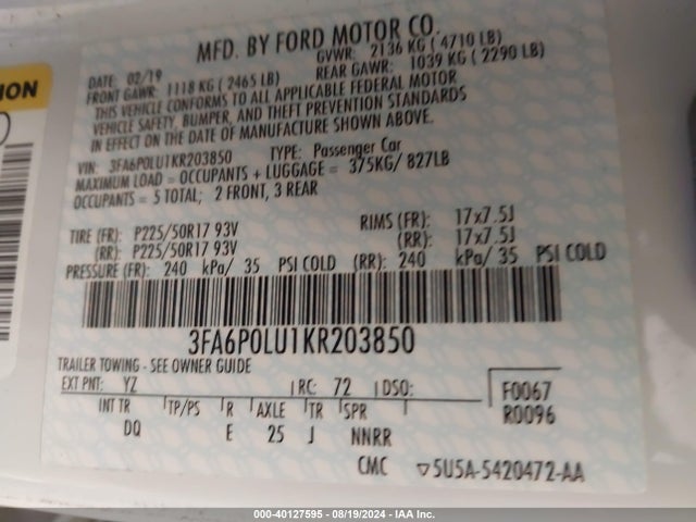 Ford Fusion Hybrid Se 2019 3FA6P0LU1KR203850 Image 9