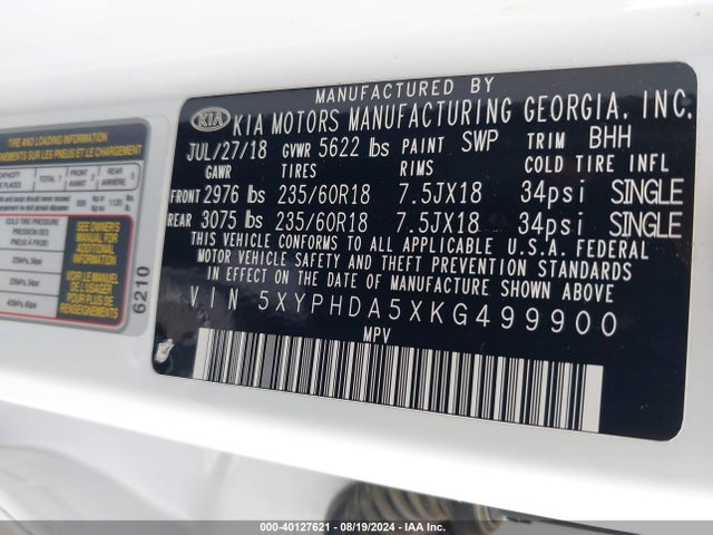 KIA Sorento 3.3l Ex 2019 5XYPHDA5XKG499900 Image 9