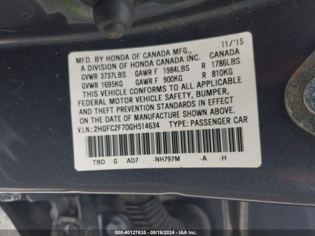 2HGFC2F70GH514634 Honda CIVIC EX