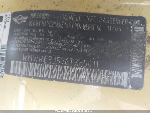 2006 MINI COOPER WMWRC33576TK65011 Photo 8