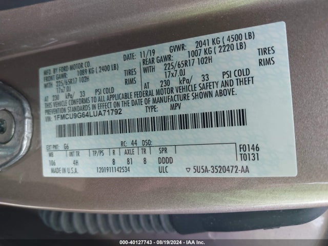 Ford ESCAPE SE 2020 1FMCU9G64LUA71792 Image 9