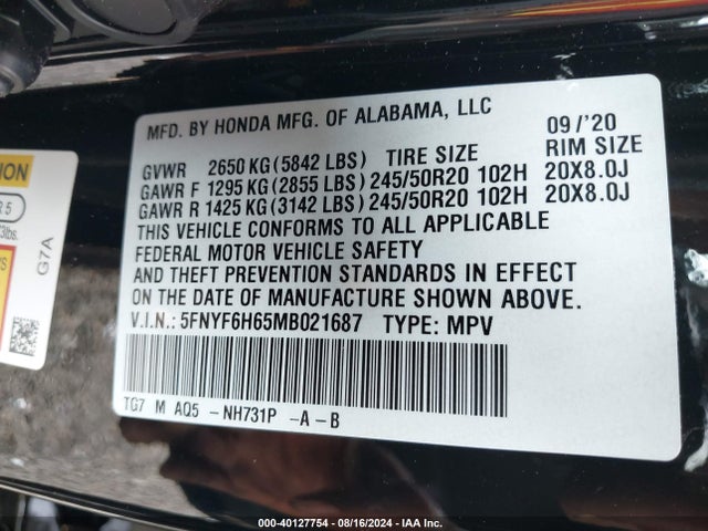 Honda Pilot Awd Touring 7 Passenger 2021 5FNYF6H65MB021687 Image 9