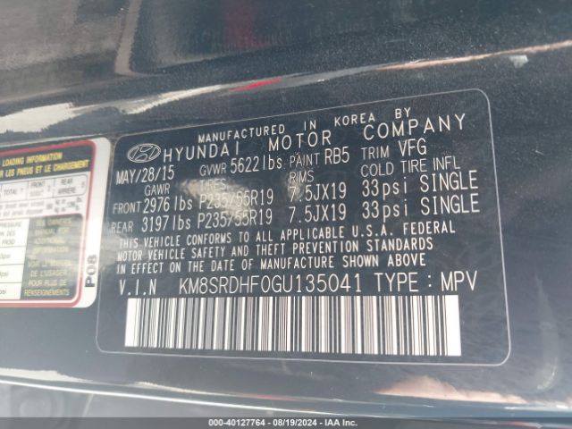 KM8SRDHF0GU135041 Hyundai Santa Fe Se