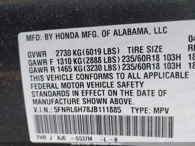 Honda Odyssey Ex-l 2018 5FNRL6H78JB111885 Image 9
