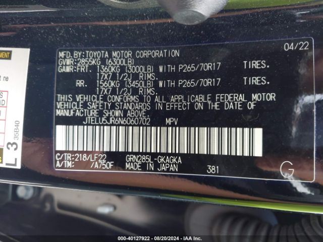 JTELU5JR6N6060702 Toyota 4runner Trd Pro
