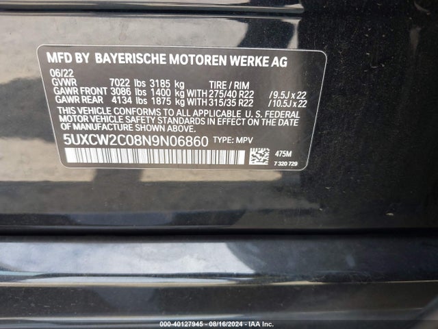 5UXCW2C08N9N06860 BMW X7 Xdrive40i
