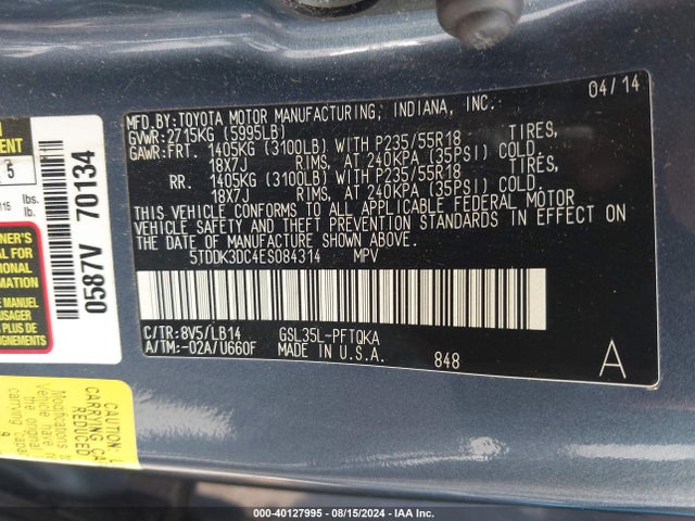 Toyota Sienna Xle 7 Passenger 2014 5TDDK3DC4ES084314 Image 9