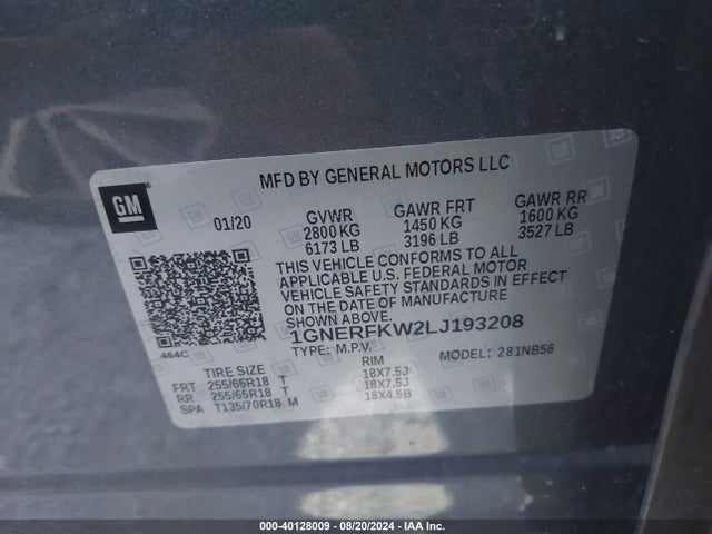 1GNERFKW2LJ193208 Chevrolet Traverse Fwd Ls