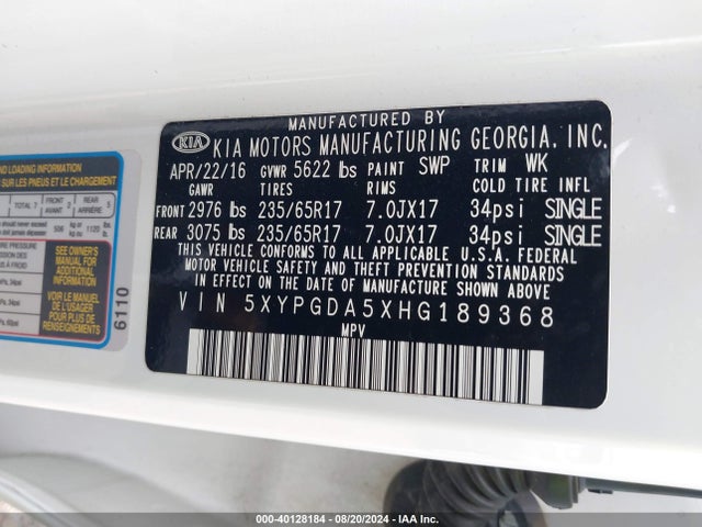 KIA Sorento 3.3l Lx 2017 5XYPGDA5XHG189368 Image 9