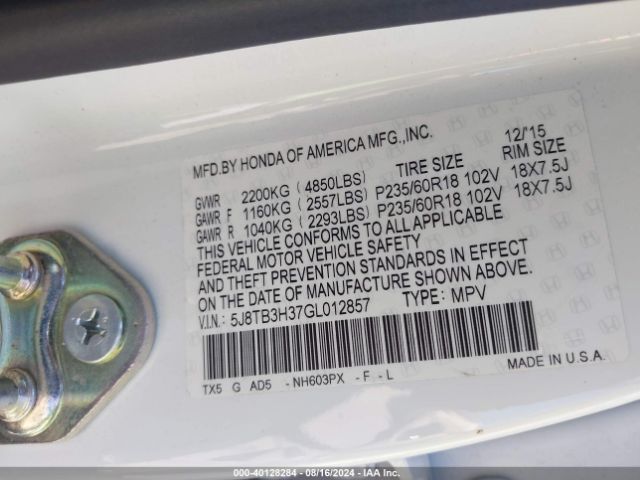 5J8TB3H37GL012857 Acura Rdx Acurawatch Plus Pkg