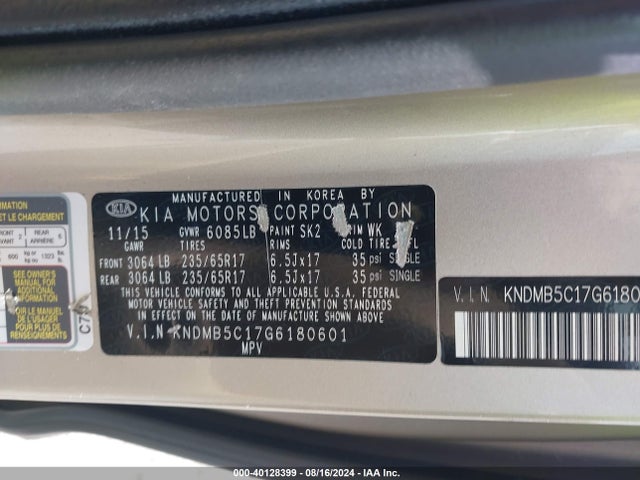 KIA SEDONA LX 2016 KNDMB5C17G6180601 Image 9