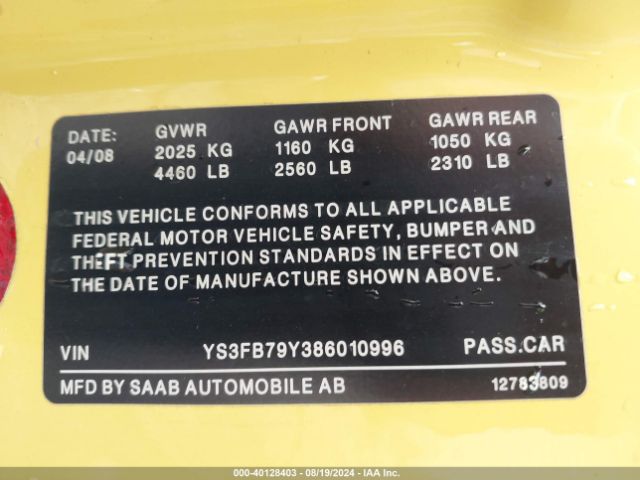 2008 SAAB 9-3 YS3FB79Y386010996 Photo 8