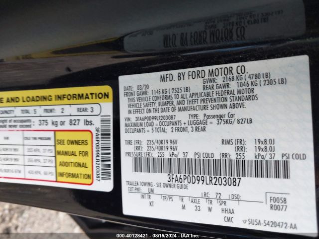 3FA6P0D99LR203087 Ford Fusion Titanium