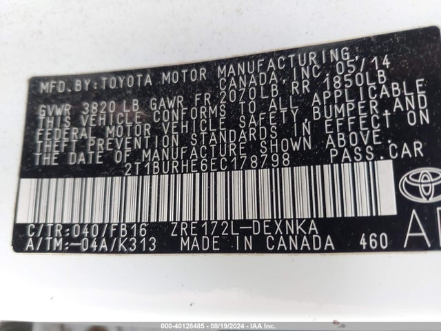 Toyota COROLLA LE 2014 2T1BURHE6EC178798 Image 9