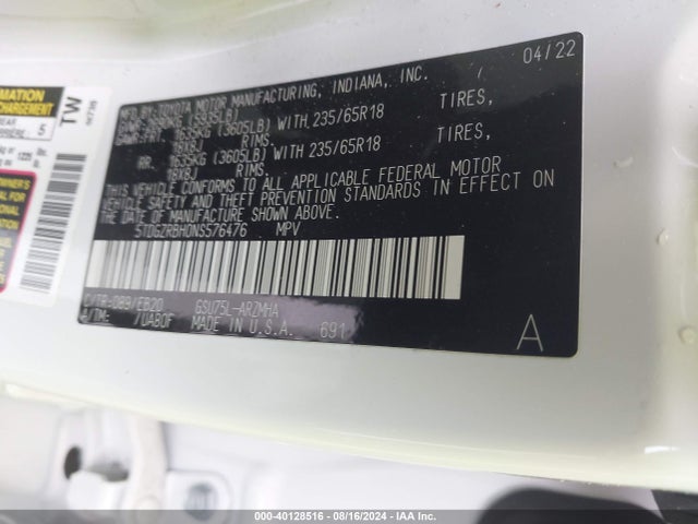 Toyota Highlander Xle 2022 5TDGZRBH0NS576476 Image 9