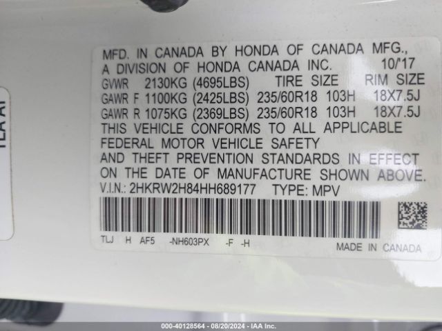 2HKRW2H84HH689177 Honda Cr-v Ex-l/ex-l Navi