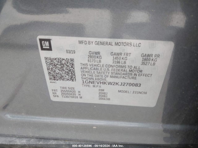 Chevrolet Traverse 3lt 2019 1GNEVHKW2KJ270083 Image 9