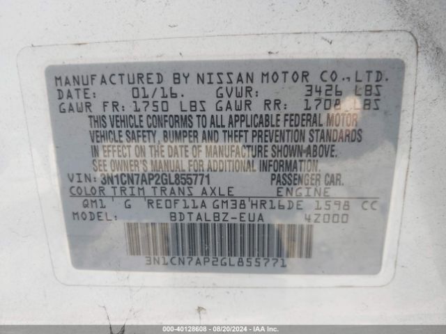 3N1CN7AP2GL855771 Nissan Versa 1.6 S/1.6 S+/1.6 Sl/1.6 Sv