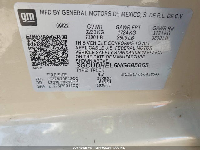 3GCUDHEL6NG685065 Chevrolet Silverado 1500 4wd  Short Bed Zr2