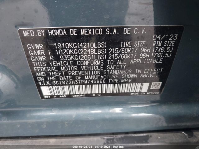 3CZRZ2H37PM745966 Honda Hr-v Awd Lx
