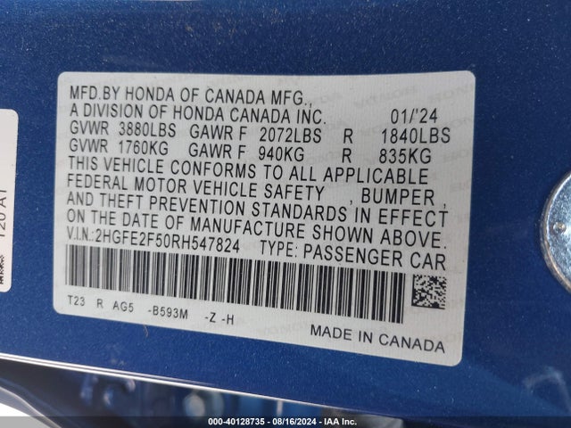 Honda Civic Sport 2024 2HGFE2F50RH547824 Image 9
