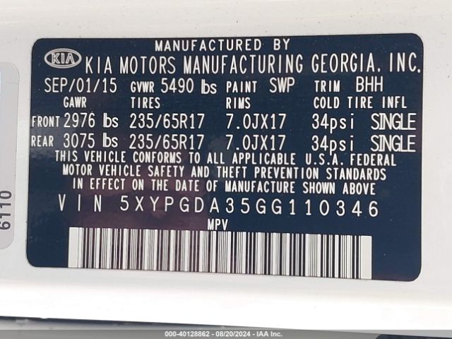 5XYPGDA35GG110346 KIA Sorento 2.4l Lx