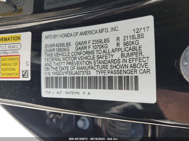 Продажа на аукционе авто 2018 Honda Accord Ex-l, vin: 1HGCV1F5XJA073753, номер лота: 40128872