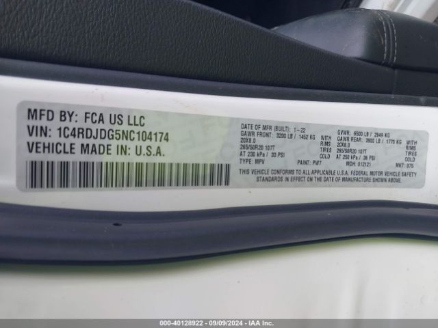 1C4RDJDG5NC104174 Dodge Durango Gt Plus Awd