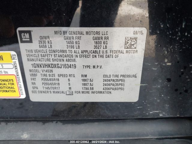 1GNKVHKDXGJ163419 Chevrolet Traverse 2lt