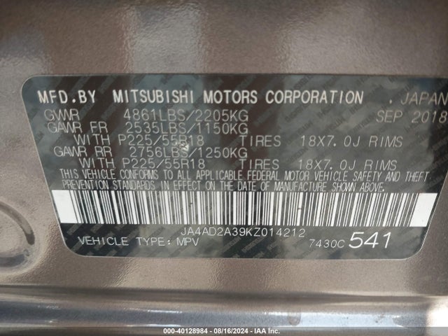 2019 MITSUBISHI OUTLANDER JA4AD2A39KZ014212 Photo 8