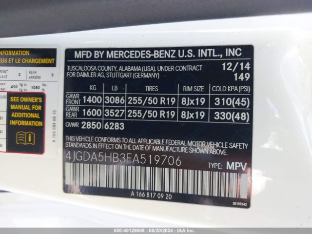 4JGDA5HB3FA519706 Mercedes-Benz Ml 350 4matic