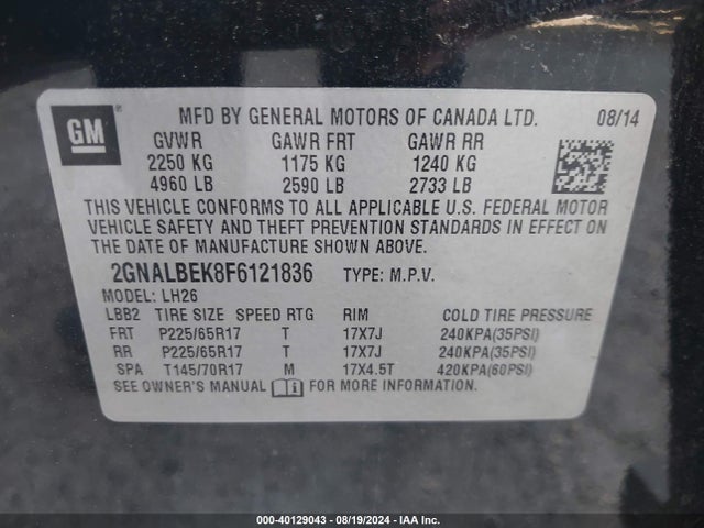 Chevrolet EQUINOX 1LT 2015 2GNALBEK8F6121836 Image 9