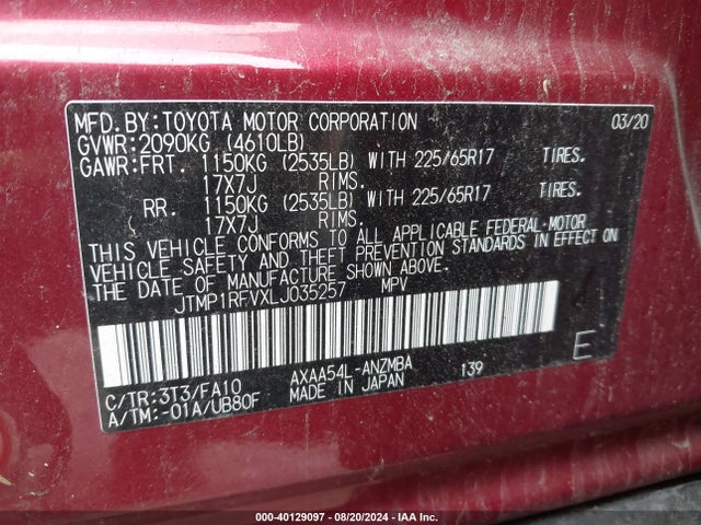 Toyota Rav4 Xle 2020 JTMP1RFVXLJ035257 Image 9