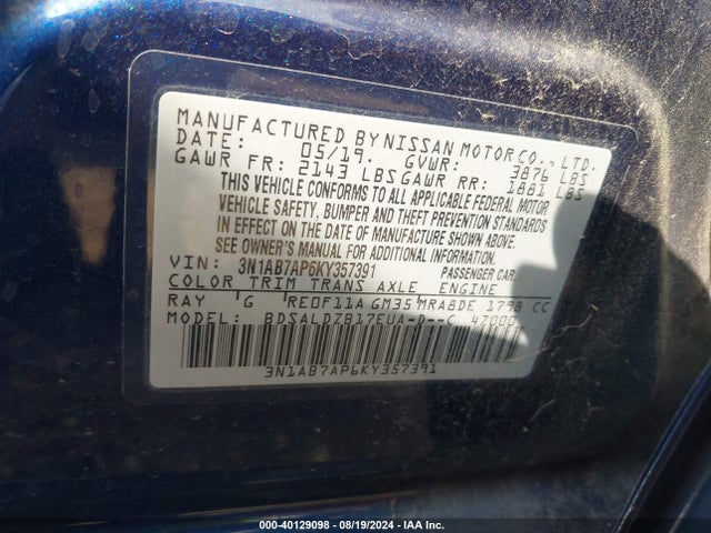 Nissan SENTRA SV 2019 3N1AB7AP6KY357391 Image 9