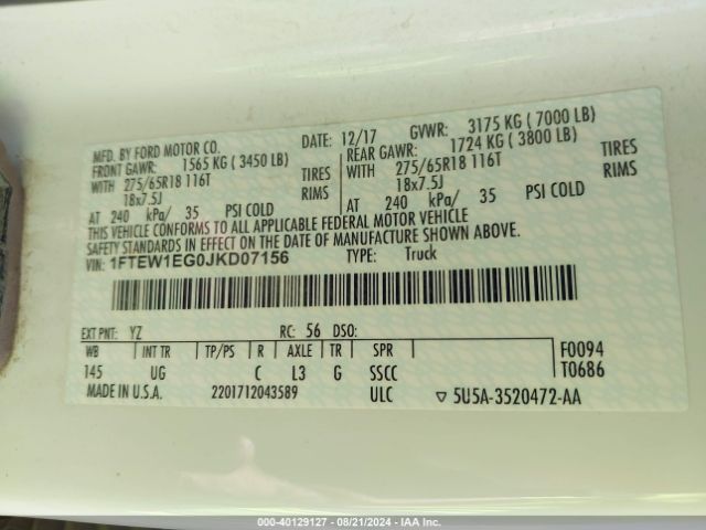 1FTEW1EG0JKD07156 Ford F-150 Xlt