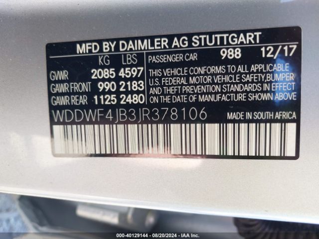 WDDWF4JB3JR378106 Mercedes-Benz C 300