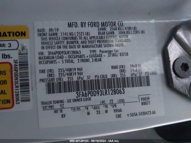 Ford Fusion Titanium 2020 3FA6P0D93LR128063 Image 9