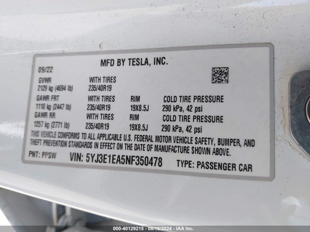 2022 TESLA MODEL 3 5YJ3E1EA5NF350478 Photo 8
