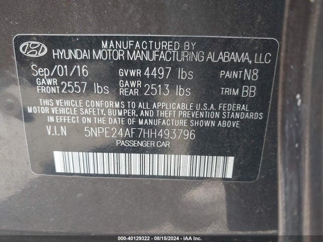 Hyundai Sonata 2017 5NPE24AF7HH493796 Image 9