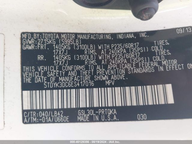 5TDYK3DC6ES417016 Toyota Sienna Xle V6 8 Passenger